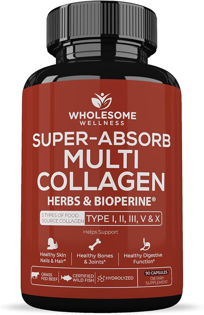 Wholesome Wellness Digestive Enzymes 1000MG Plus Prebiotics &amp Probiotics Supplement + Super-Absorb Multi Collagen Pills (Type I II III V X) Organic Herbs and Bioperine Bundle