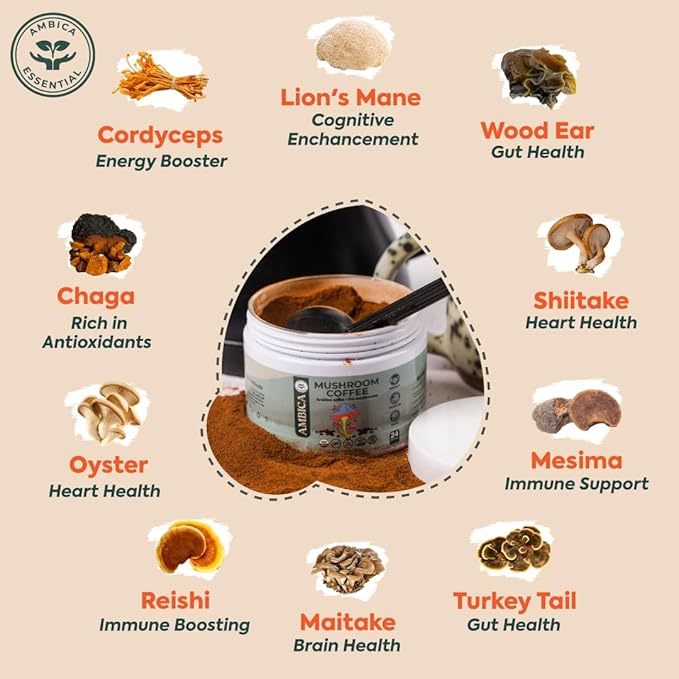 Ambica Instant Mushroom Coffee Ground USDA Organic With Ten Mushroom Coffee with Lion’s Mane Reishi Cordyceps &amp Chaga for Immnue Support &amp Gut Health Better Energy &amp Focus 24 Servings