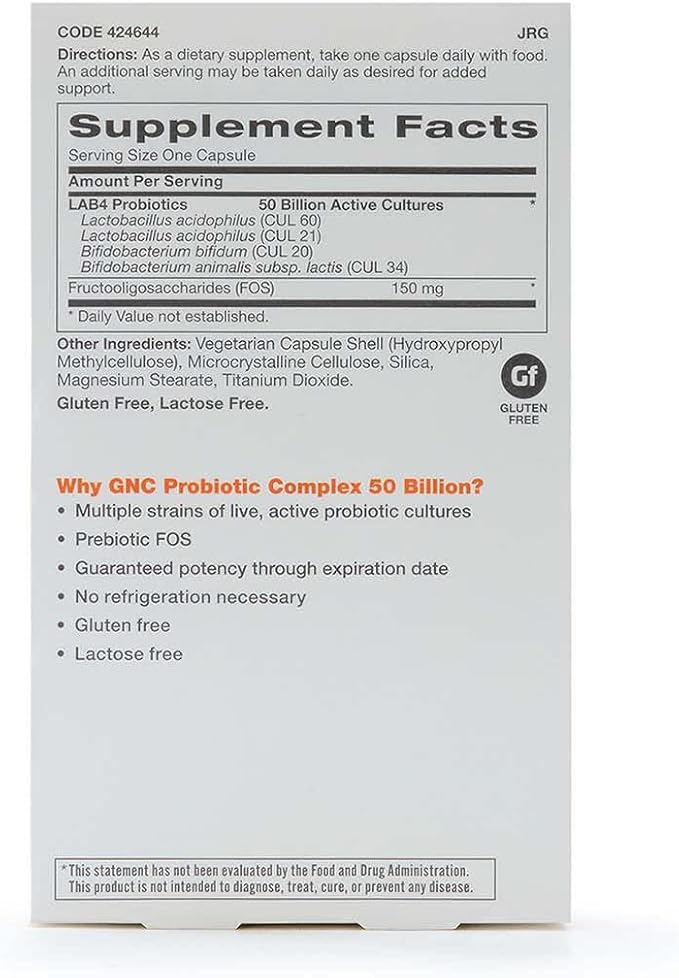 GNC Probiotic Complex Daily Need Supplement Provides Digestive and Immune Support 50 Billion CFUs 60 Vegetarian Capsules 60 Servings