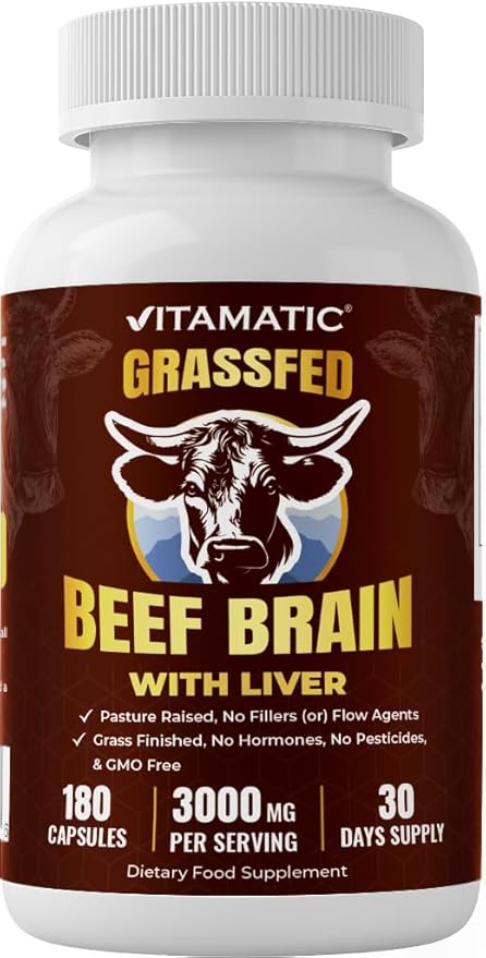 Vitamatic Grass-Fed Beef Brain with Liver 180 Capsules – Freeze-Dried Non-GMO Bovine Liver Supplement – Pasture-Raised Glandular-Based Formula