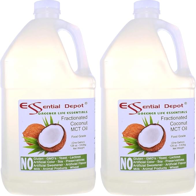 Coconut Oil - Fractionated - MCT (medium-chain triglycerides) - 2 x 1-Gallon (256 oz) - liquid - Food Grade - Safety Sealed Resealable HDPE Container Microwave Safe (remove foil seal) Freezer Safe