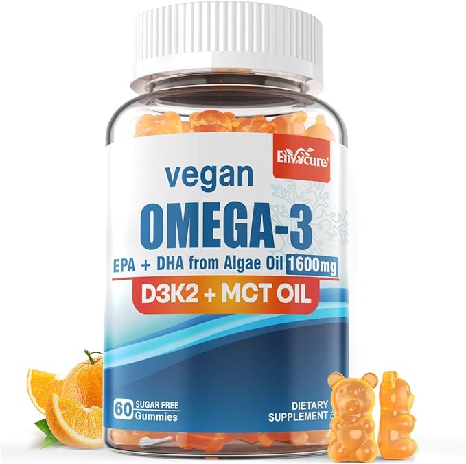 Vegan Omega 3 Gummies 1280mg + Vitamin D3 K2 (MK7) Omega 3 Fish Oil Alternative for Adults w/Algae EPA 600mg &amp DHA 400mg MCT Oil - No Fish Taste - for Brain Eye Immune Health Sugar Free 1 P