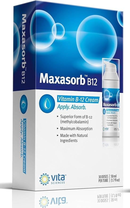 Vita Sciences Maxasorb B12 Vitamin B-12 Cream 1000 mcg: Powerful Topical Methylcobalamin for Energy Health and Glowing Skin - Pack of 6