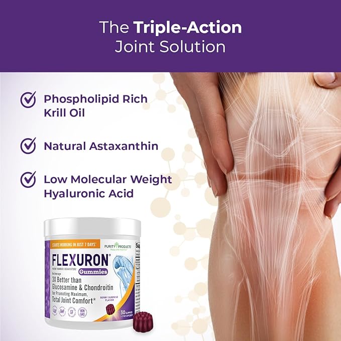 Purity Products Flexuron Gummies Joint Formula 3X Better Than Glucosamine and Chondroitin - Starts Working in just 7 Days - Krill Oil Low Molecular Weight Hyaluronic Acid Astaxanthin - 30 Ct (1)