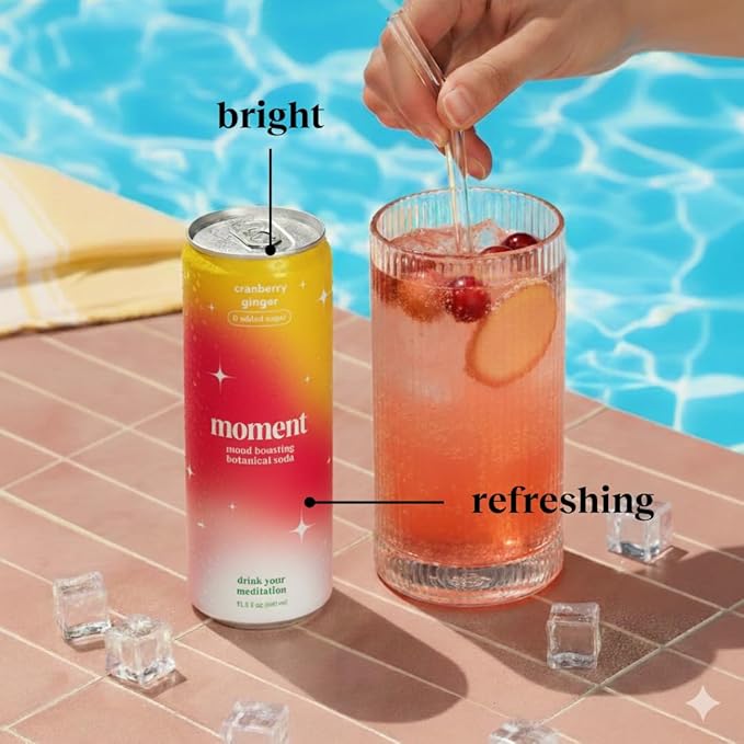 Moment Botanical Soda Soft Drink (Shark Tank) - SPARKLING Non Alcoholic Drinks | Cranberry Ginger | L-Theanine &amp Ashwagandha for Calm &amp Clarity | 0 Added Sugar 0 Caffeine | 12-pack