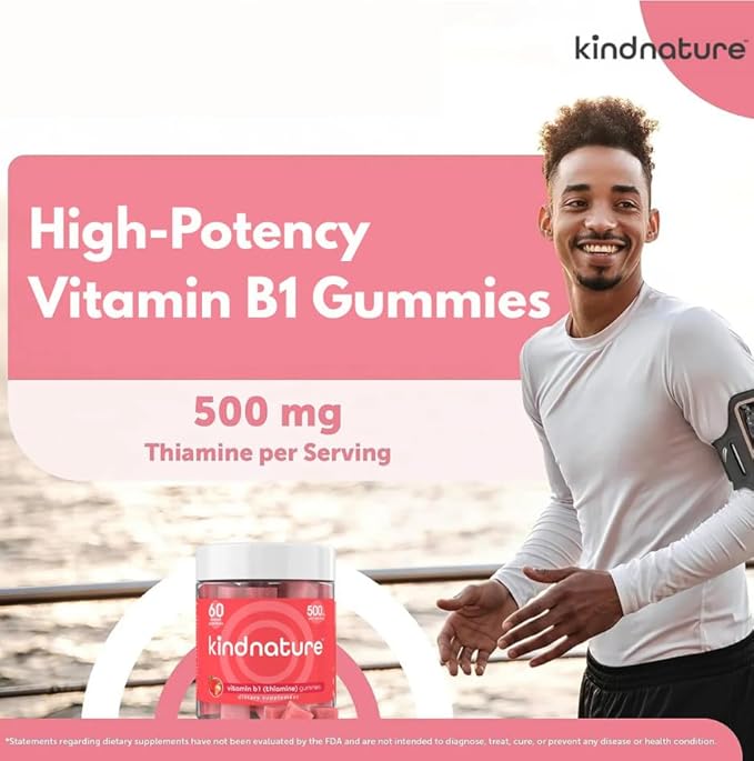 kindnature Vitamin B1 Gummies 500mg – High Potency Thiamine Supplement for Energy Focus &amp Nervous System – Vegan Non-GMO Chewable B1 Vitamins for Adults &amp Kids – Natural Strawberry Flavor –