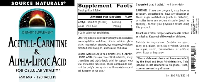 Source Naturals Acetyl L-Carnitine &amp Alpha-Lipoic Acid 650mg - 120 Tablets