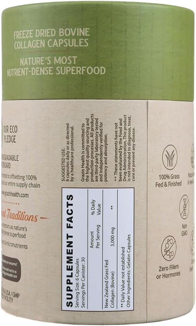 Grass Fed Bovine Collagen Capsules: 3000 Mg per Serving (30 Servings)