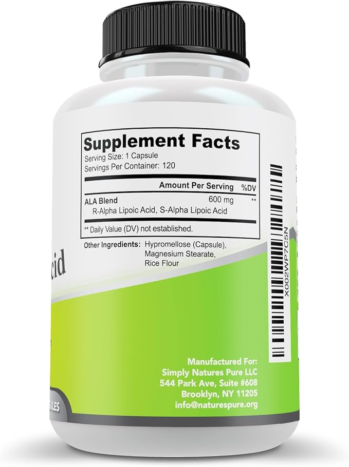 Simply Natures Pure Alpha Lipoic Acid 600mg 240 Veggie Capsules Non-GMO Thioctic Acid 8 Month Supply