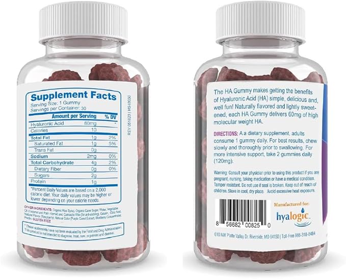 Hyalogic Hyaluronic Acid Gummies – Supplement for Joint Skin &amp Eyes – Mixed Berry Flavor – Gummy Vitamins for Women &amp Men – Gluten-Free Non-GMO 60 Count