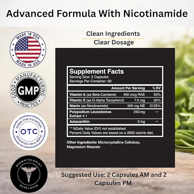 SunArmor Advanced 240mg Polypodium Leucotomos with Nicotinamide Fights the Signs of Photoaging Dermatologist Developed 120 Capsules