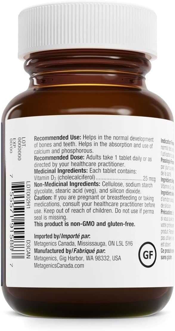 Metagenics Vitamin D3 1000 IU - Vitamin D Supplement for Healthy Bone Formation Cardiovascular Health and Immune Support - 120 Count