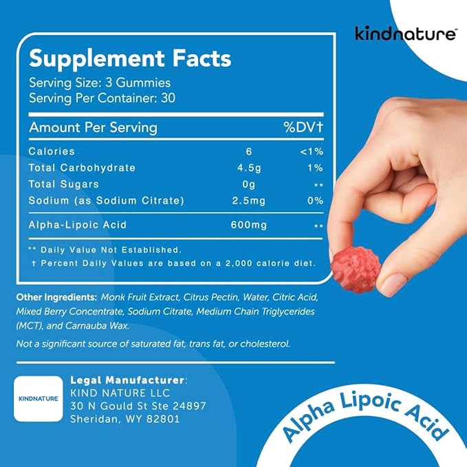kindnature Alpha Lipoic Acid Gummies 600mg – Neuropathy Supplements – ALA for Nerve Comfort &amp Antioxidant Support – Sugar-Free Vegan Non-GMO – 90 Gummies