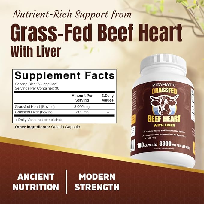 Vitamatic Grass-Fed Beef Heart with Liver 180 Capsules – Freeze-Dried Non-GMO Bovine Liver Supplement – Pasture-Raised Glandular-Based Formula
