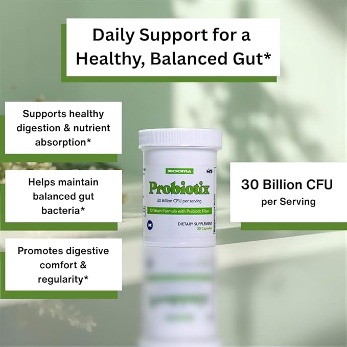 Xooma Probiotix 12-Strain Probiotic + Prebiotic Fiber 30B CFU | No Refrigeration Required | Gut &amp Digestive Health Immune Support Bloating Relief | Gluten Soy &amp Dairy Free – 30 Capsules