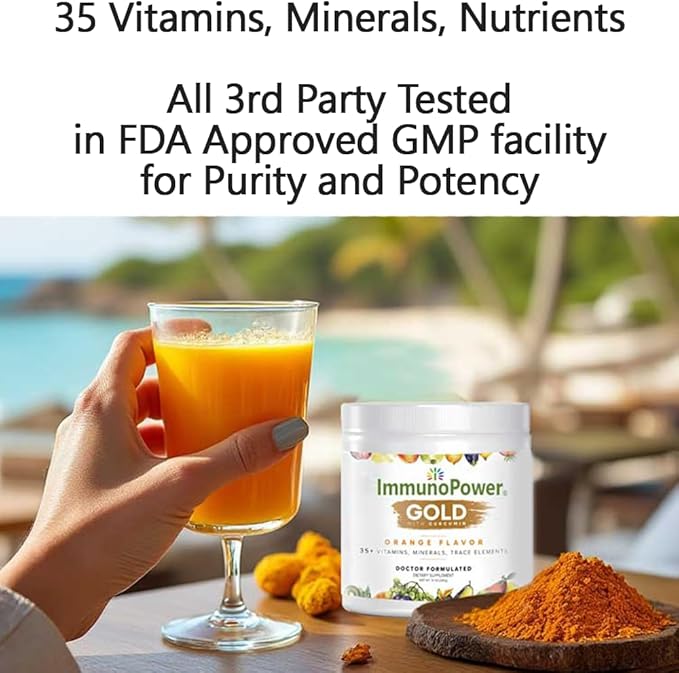 Gold - Immune Support - Targeted to Help Increase Natural Killer Cell Activity with 35+ Vitamins Minerals - Powder Formula - Orange Flavor