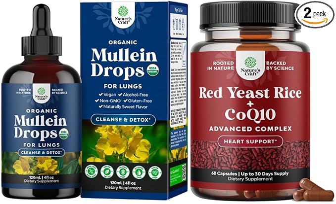 Bundle of USDA Organic Mullein Drops for Lungs with Marshmallow Root Extract &amp Plantain Leaf and Red Yeast Rice with CoQ10 Supplement - Advanced Healthy Heart &amp Healthy Cholesterol Levels Form