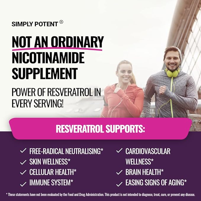 Simply Potent Nicotinamide 500mg with Resveratrol 100mg - 120 Veggie Capsules - Vitamin B3 Supplement Pills to Support NAD Skin Cell Health &amp Energy