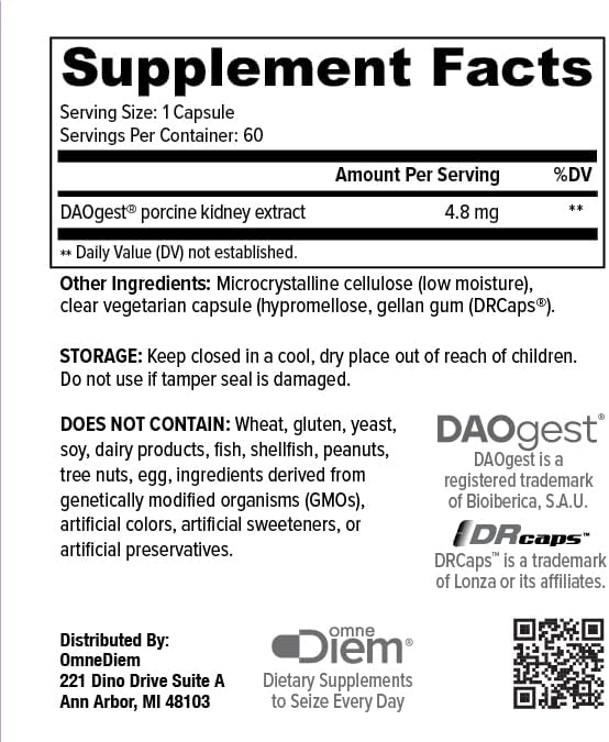 Omne Diem Histamine Digest PureMAX with DAO - Diamine Oxidase Supplement for Food Related Histamine Intolerance (60)
