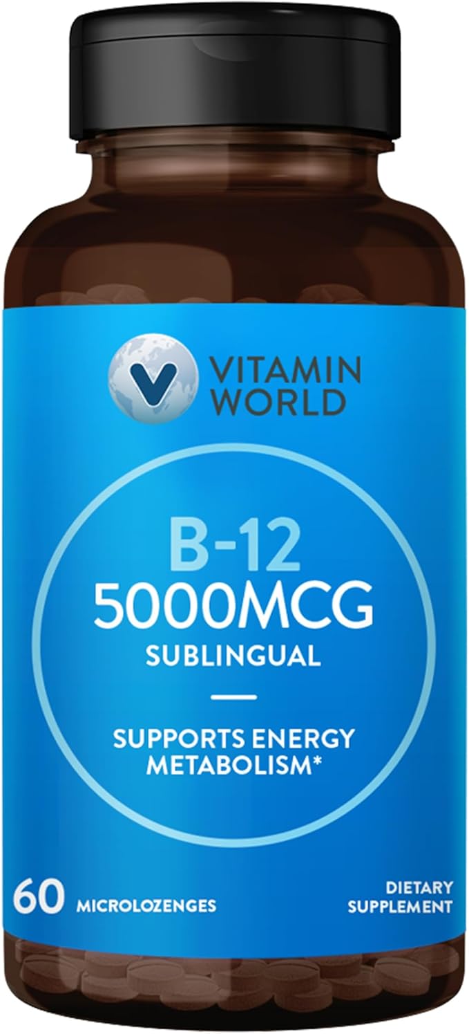 Vitamin World Vitamin B-12 5000 mcg. Sublingual 60 Microlozenges Supports Energy Metabolism Supports Heart Health