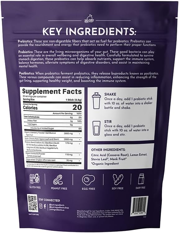 JUST INGREDIENTS Elderberry Lemonade 3-in-1 Probiotic Complex - Prebiotics Probiotics &amp Postbiotics - 30 Sticks