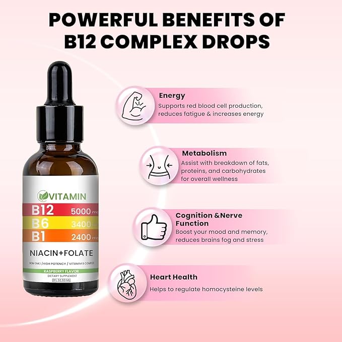 Vitamin B12 and B6 Liquid Drops B12 Sublingual Vitamin B Complex - B 12 Vitamin 5000mcg - B12 Methylcobalamin for Energy Brain and Heart Support with Raspberry 80 Servings