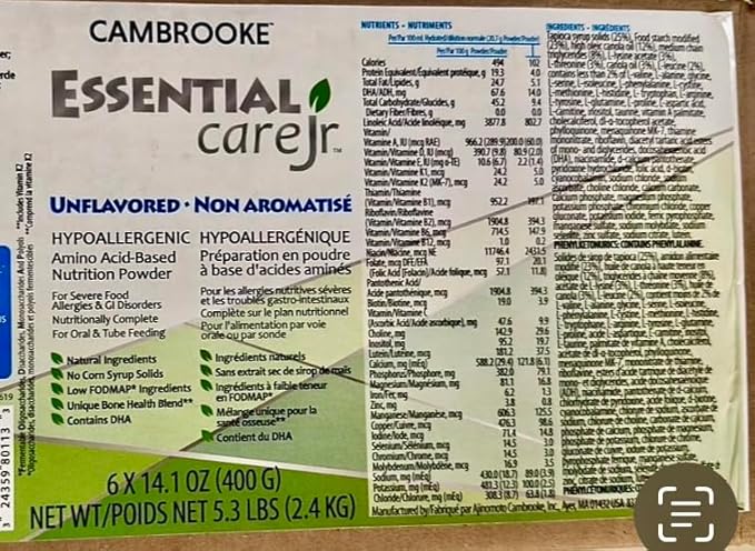 Essential Care JR Unflavored Hypoallergenic Amino Acid-Based Nutrition Powder (Case of 6 Packages Unflavored)