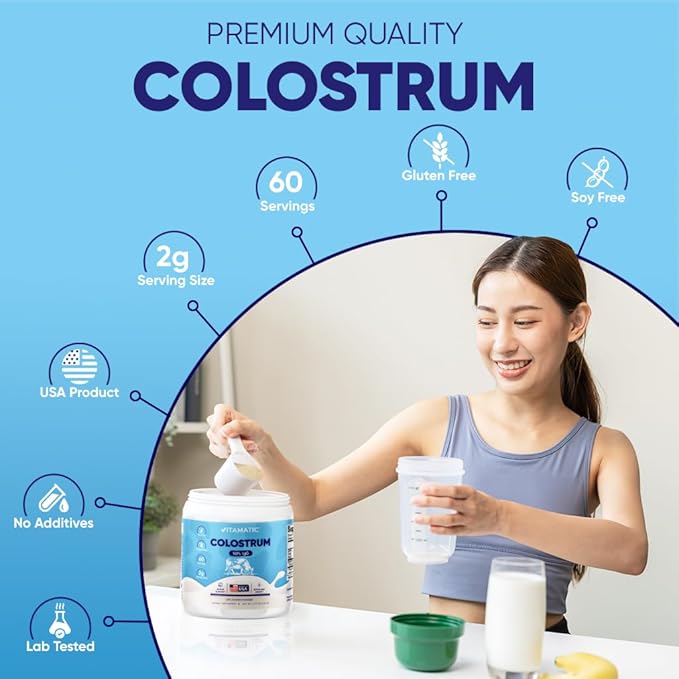 Vitamatic Bovine Colostrum Powder - 50% Highest IgG -120 Gram - Supplement for Gut Health Hair Growth Beauty Muscle Recovery &amp Immune Support - Easy to Mix - Unflavored - 60 Servings
