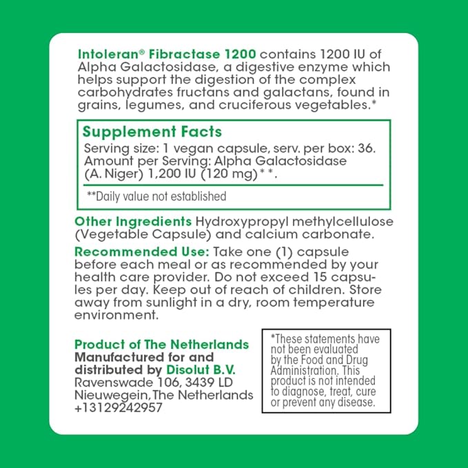 Intoleran Fibractase 1200 Digestive Enzymes - 36 Capsules | Supplement for Fructans &amp Galactans Intolerance | Helps Digest Carbohydrates Grains Legumes Onion Garlic &amp wheats | Pure and Veg