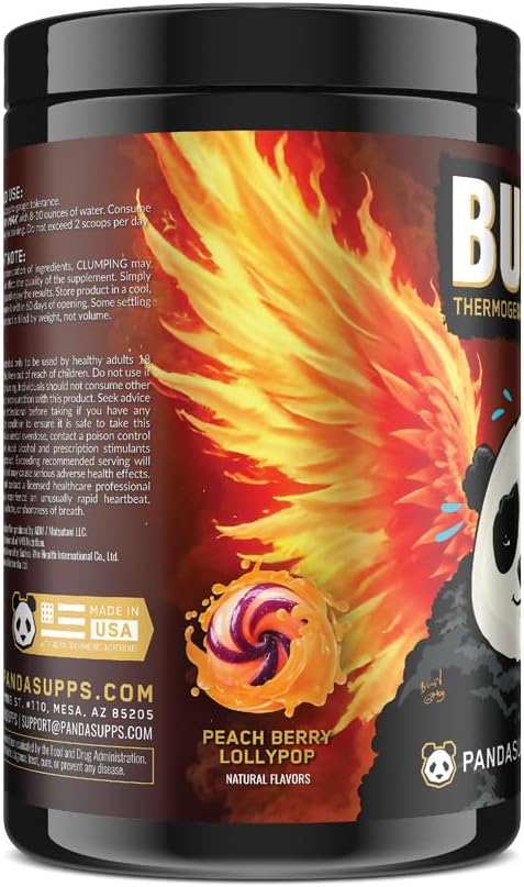 Underground Bio Labs: Panda Burn MAX Enhance Your Strength Energy Focus with Dual Source Caffiene (350mg) Alpha GPC and MitoBurn® (Peach Berry Lollipop)(25 Servings)