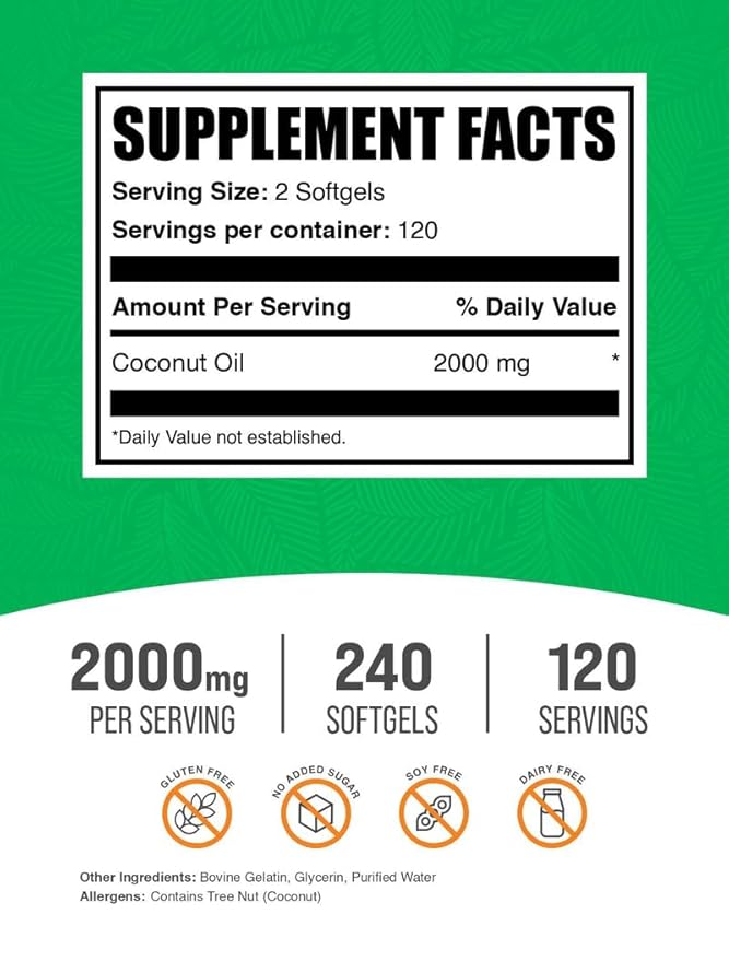 BulkSupplements.com Coconut Oil Softgels - Coconut Oil for Skin &amp Hair Herbal Supplement - Gluten Free 2 Softgels per Serving (2000mg) 240 Count (Pack of 2)