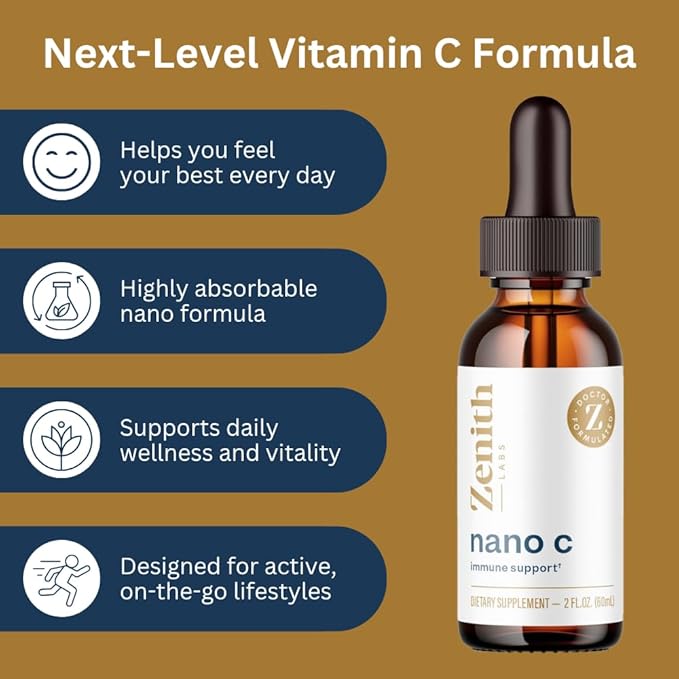 Zenith Labs Liquid Vitamin C Drops for Adults - Nano C Natural Immune Support Supplement Vitamin C Liquid Supplement for Stronger Immunity - Nanotechnology Micro C Particles for Fast Absorption