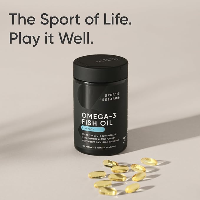 Sports Research® Omega-3 ­­Fish Oil Mini-Softgels - Sourced from Wild Caught Alaska Pollock - Burpless Bovine Free Non-GMO &amp MSC Certified Sustainable - 120 Count