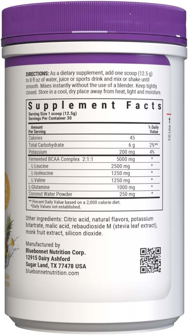 BlueBonnet Nutrition 5g BCAA 2:1:1 &amp 1000 mg Glutamine Powder – for Muscle Recovery &amp Hydration - Sugar Free Non-GMO Project Verified– Hawaiian Ice Flavor – 30 Servings