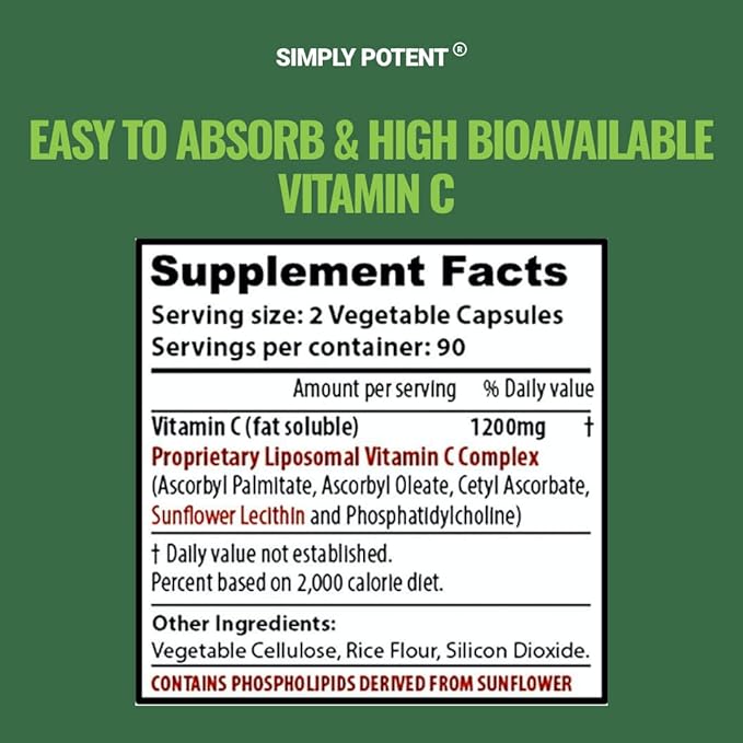 Simply Potent Liposomal Vitamin C 1200mg — 180 Capsules (90 Servings) | High Absorption Fat Soluble VIT C | Sunflower Lecithin | Immune Support Collagen &amp Antioxidant | Non-GMO Vegan | Made in U