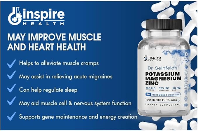 Magnesium Potassium Supplements w/Zinc - 90 Capsules - Magnesium Potassium Zinc for Vascular Health – High Absorption Vegan Supplement for Leg Cramps &amp Sleep Dr Seinfeld