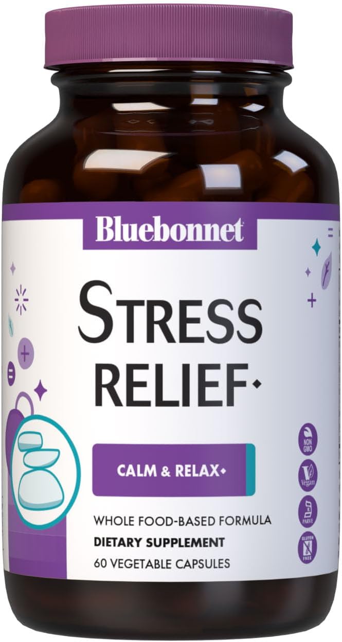 BlueBonnet Targeted Choice Stress Relief Whole Food Based Ashwagandha Extract L-Theanine Lemon Balm Rhodiola Relaxing Calm Mood Supplement for Women &amp Men - Non-GMO Vegan - 60 Vegetable Capsul