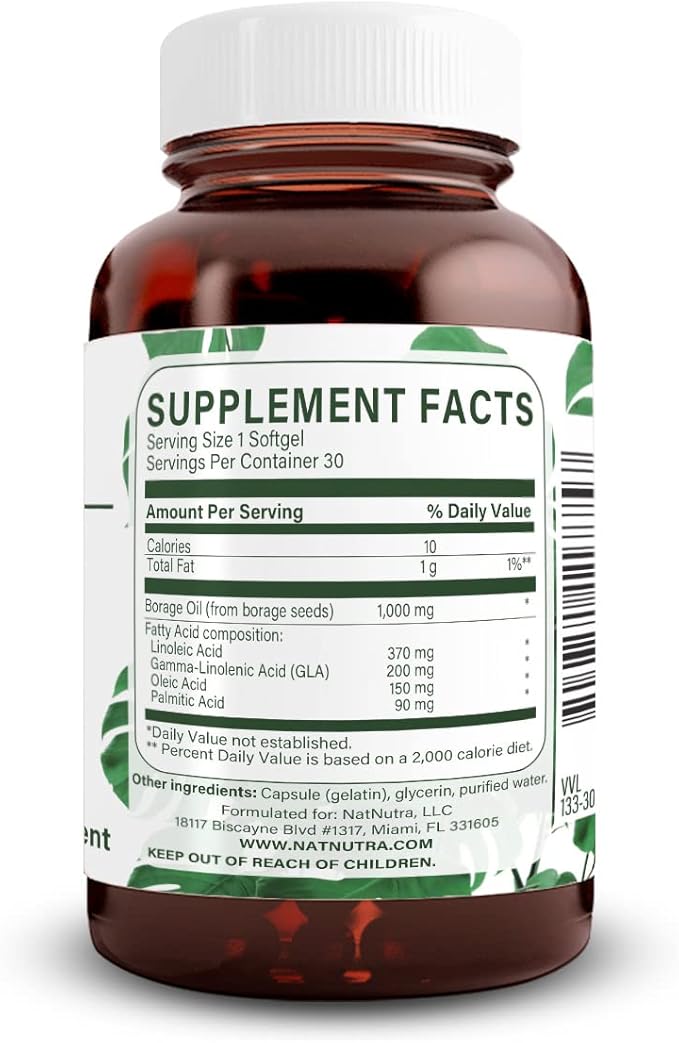 Natural Borage Oil Supplement – Rich in Gamma-linolenic Acid (GLA) A Potent Omega-6 Essential Fatty Acid Known for Supporting Skin Nerve and Joint Health 30 Soft gels.