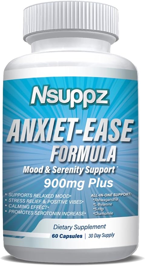 Natural Mood &amp Serotonin Support - Nutrisuppz Anxiet-Ease Formula with Ashwagandha L-Theanine GABA 5-HTP Magnesium - 60 Capsules