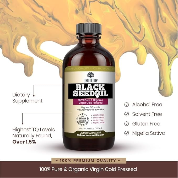 DAWNLOOP Organic Cold Pressed Black Seed Oil (16oz) – 100% Pure Nigella Sativa Black Cumin Seed Oil for Immune Digestive Joint &amp Brain Support – Gluten Free Non‑GMO