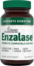 Master Supplements Enzalase - 50 Capsules - Probiotic Compatible Enzymes - Provides Digestive Boost + Gas &amp Bloating Relief - Gluten Free - 50 Servings