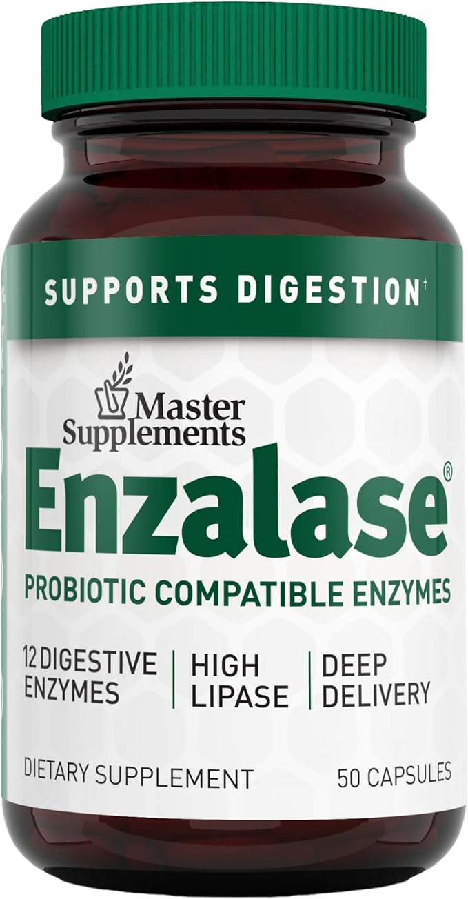 Master Supplements Enzalase - 50 Capsules - Probiotic Compatible Enzymes - Provides Digestive Boost + Gas &amp Bloating Relief - Gluten Free - 50 Servings