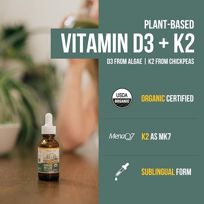 Organic Plant D3 K2 vitamin 10000 iu - All-Trans MK7 from MenaQ7 (120 mcg K2) - 100% Organic &amp Plant-Based Sublingual D3 Drops 10000 iu (Cholecalciferol) 100% Vegan - Supports Immunity Bone Br