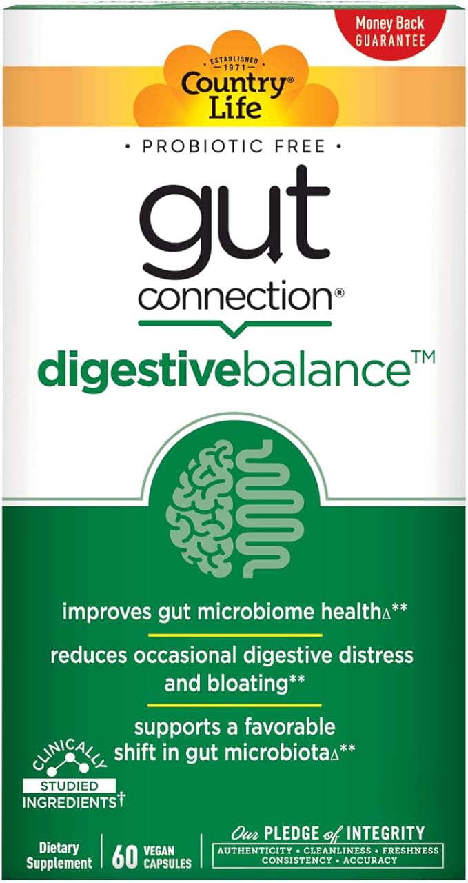 Country Life Gut Connection Digestive Balance – Prebiotic &amp Digestive Enzyme Supplement for Gut Health Bloating Relief and Improved Bowel Movements – Gluten-Free Vegan Non-GMO 60 Capsules