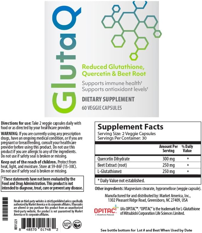 GlutaQ Market America Antioxidant Supplement – Healthy Aging &amp Energy Support with Reduced Glutathione Quercetin &amp Beetroot – Vegan Gluten-Free Non-GMO Formula