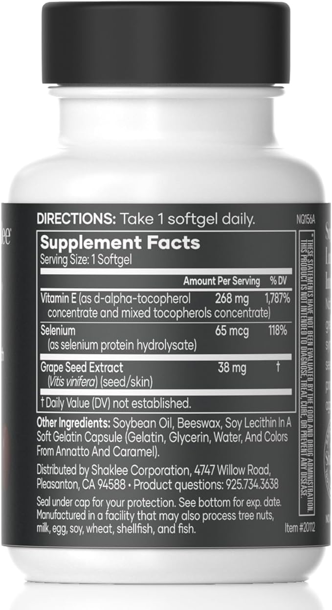 Shaklee - Vitamin E - Supports Heart Brain and Prostate Health -Neutralizing Damage Caused by Free Radicals Vita-E® 400 IU Tablets with Selenium and Grape Seed Extract - 90 Softgels