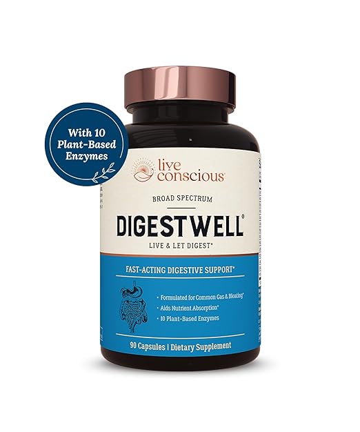 Live Conscious DigestWell Immediate Support - Fast-Acting Digestive Support | Broad Spectrum Enzyme Probiotic &amp Herbal Formula - Decreases Everyday Gas &amp Bloating - 90 Capsules