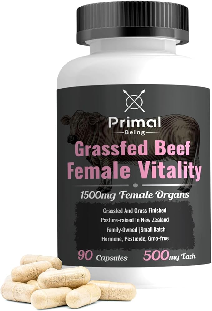 Primal Being Grassfed Beef Female Vitality Supplement- Supports Hormonal Health Fertility Inflammation Energy - 90 Capsules 1500mg per Serving
