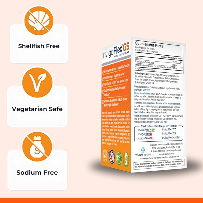 INVIGOFLEX Glucosamine Sulfate (Shellfish Free Sodium Free &amp Vegetarian Safe) Non GMO Gluten Free - with Boswellia Serrata - Premium Joint Supplement GS - 3 Pack