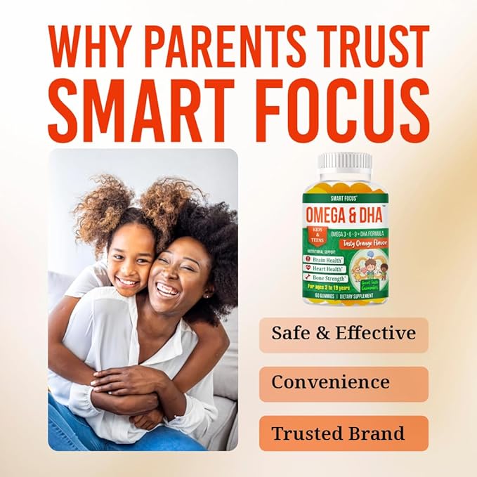 Focus Supplement for Teens &amp Kids – Brain Focus Gummies for Concentration Memory Clarity &amp Attention | Omega DHA Plant-Based 60 Gummies | Teen Brain Vitamins &amp Kids Focus Vitamins – Fish